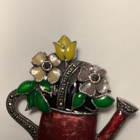 Enamel Marcasite Watering Can Of Flowers Brooch Pin S.M.925 Spring Floral Summer - Picture 4 of 9
